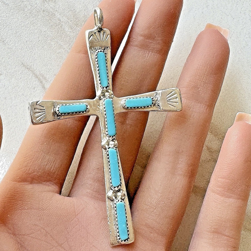 Native American Cross Pendant Zuni Sleeping Beauty Turquoise Sterling Silver 3in